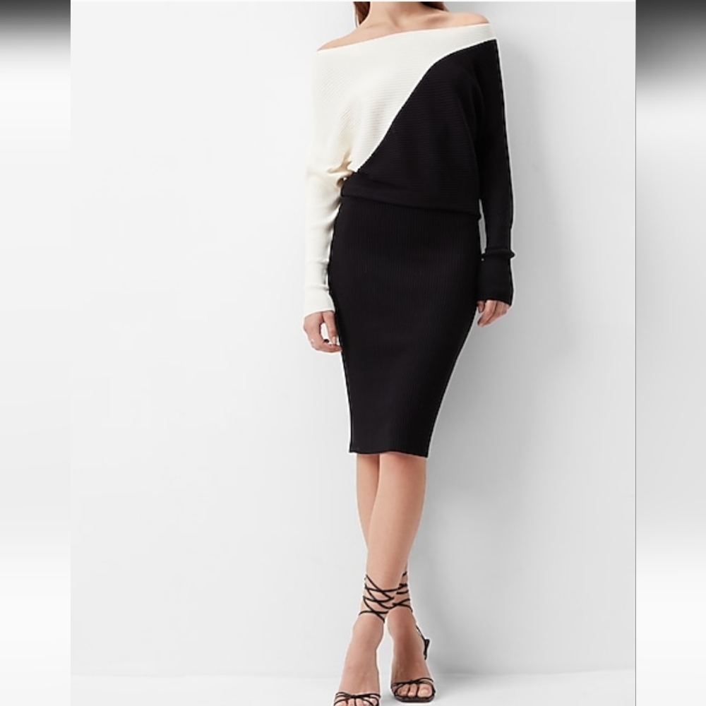 Color Block Asymmetrical Off the Shoulder Midi Sweater Dress